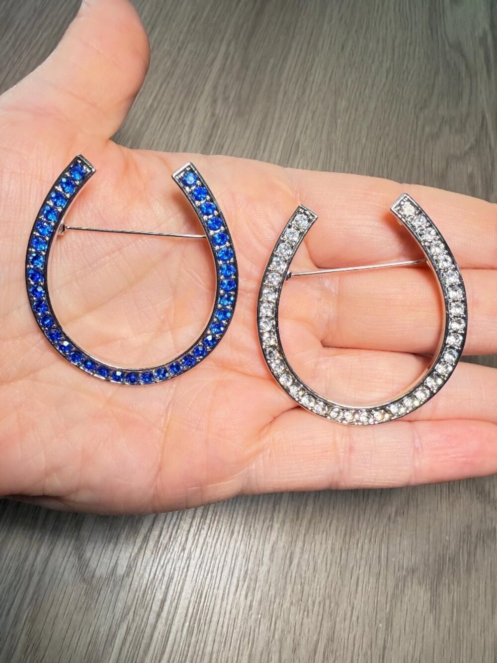 Horseshoe Brooch Modern Rhinestone Set Blue and Clear Lucky Horse Shoe Pins 2”